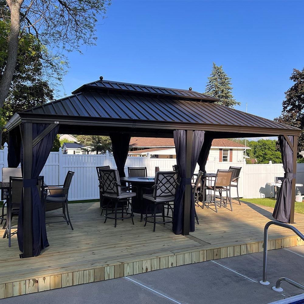 Outdoor Hardtop Gazebo for Patio Bronze Aluminum Frame Pavilion with Navy-Blue Curtain and String Lights-milky - Image 51