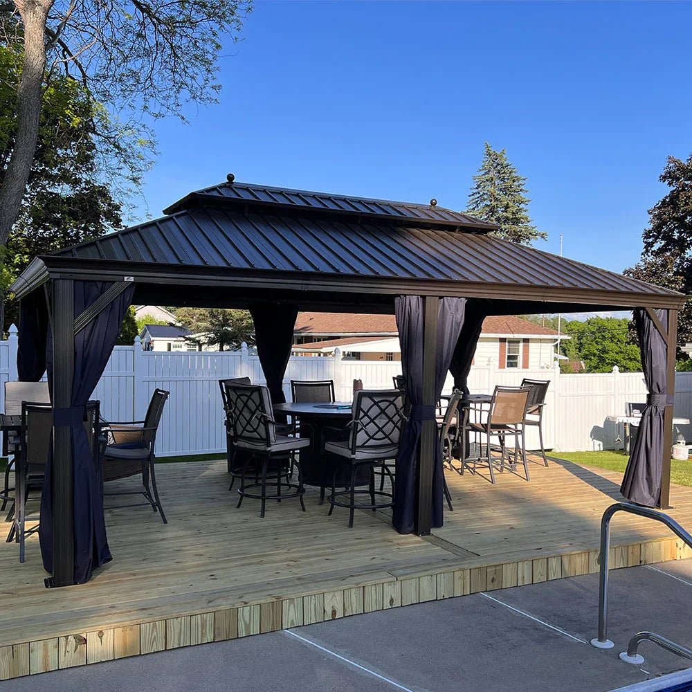 Outdoor Hardtop Gazebo for Patio Bronze Aluminum Frame Pavilion with Navy-Blue Curtain and String Lights-clear - Image 114