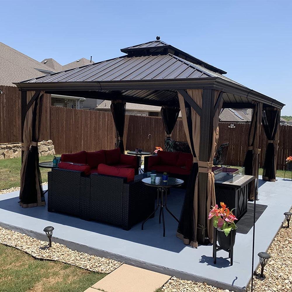 Outdoor Hardtop Gazebo for Garden Bronze Double Roof Aluminum Frame Pavilion with String Lights-milky - Image 64