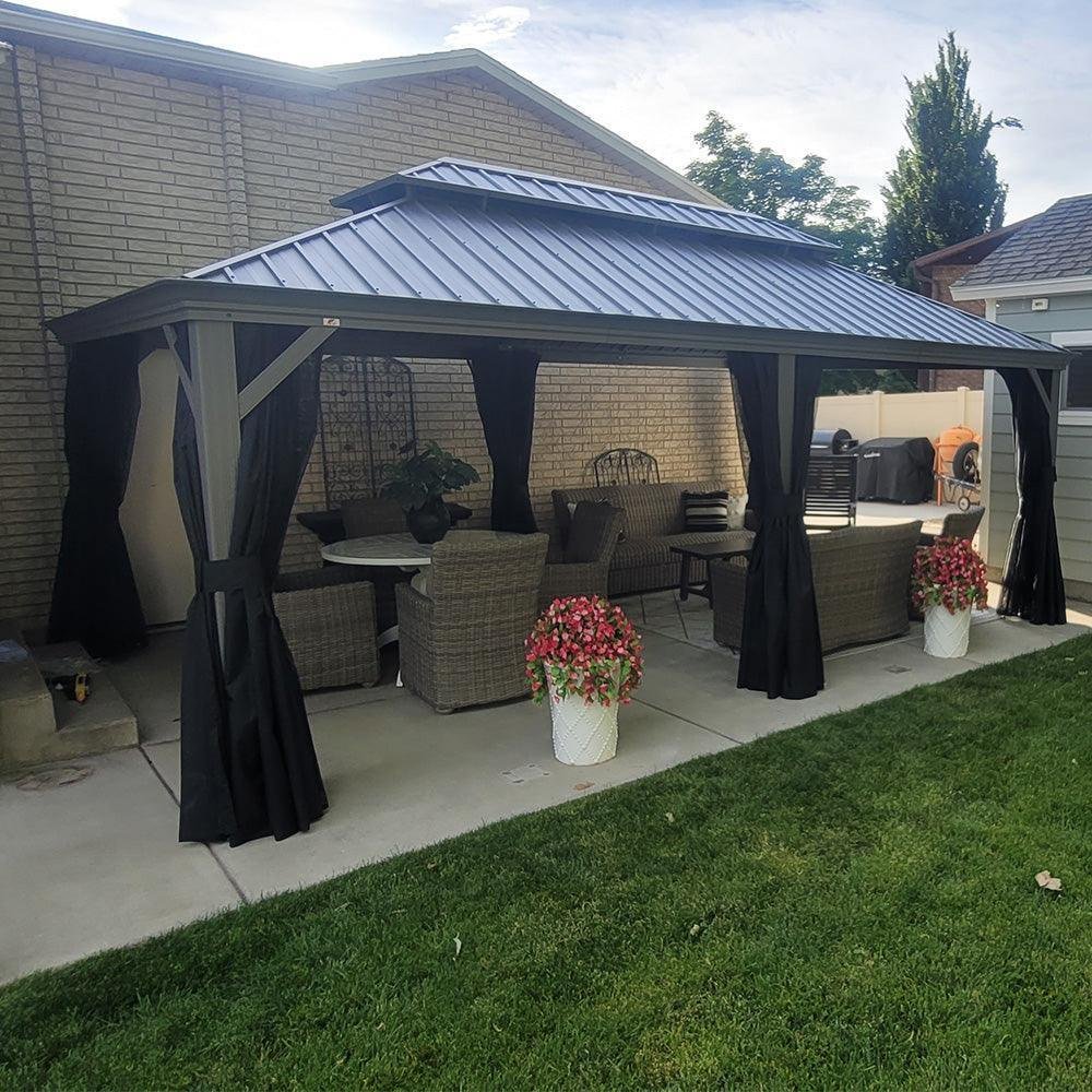 Patio Gazebo for Pool Light Grey Hardtop Galvanized Steel Roof with Upgraded Curtains - Image 53