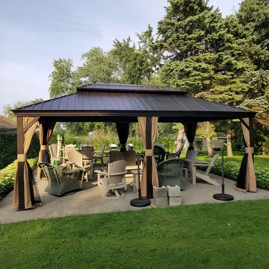 Outdoor Hardtop Gazebo for Garden Bronze Double Roof Aluminum Frame Pavilion with String Lights-clear - Image 132