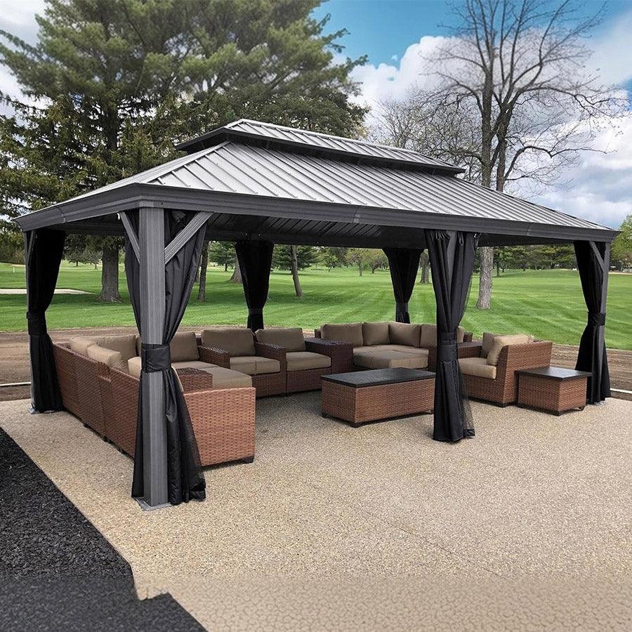Patio Gazebo for Pool Light Grey Hardtop Galvanized Steel Roof with Upgraded Curtains - Image 73