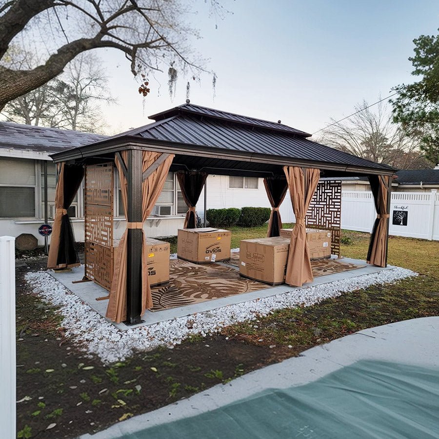 Outdoor Hardtop Gazebo for Garden Bronze Double Roof Aluminum Frame Pavilion with String Lights-clear - Image 133