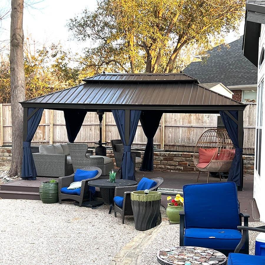 Outdoor Hardtop Gazebo for Patio Bronze Aluminum Frame Pavilion with Navy-Blue Curtain and String Lights-clear - Image 105
