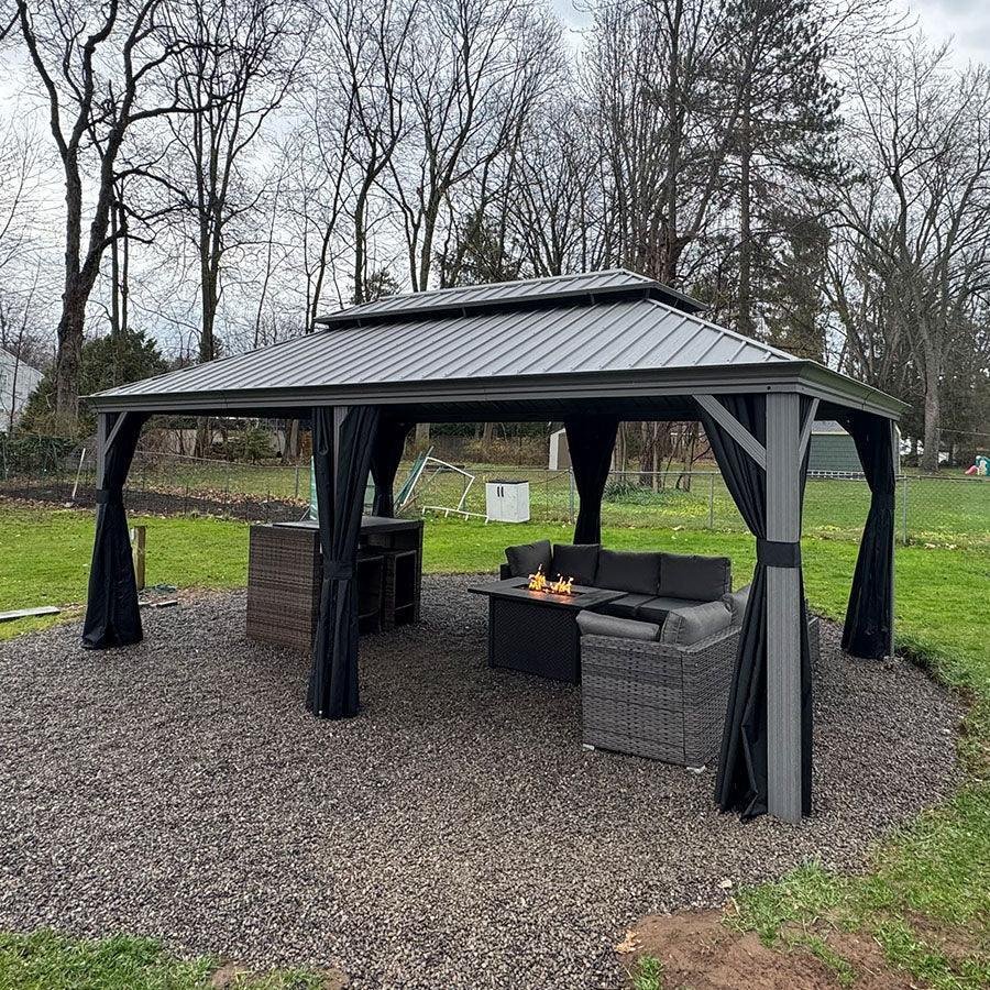 Patio Gazebo for Pool Light Grey Hardtop Galvanized Steel Roof with String Lights-milky - Image 61