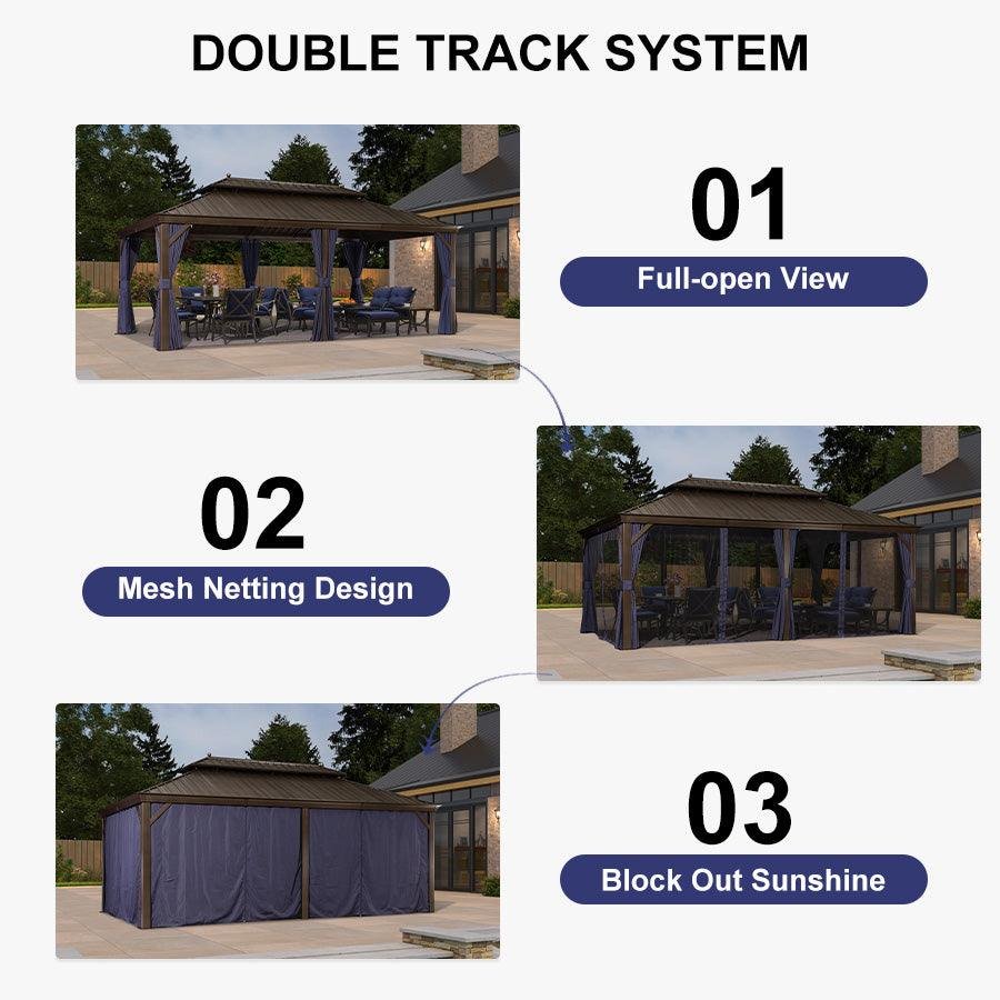 Outdoor Hardtop Gazebo for Patio Bronze Aluminum Frame Pavilion with Navy-Blue Curtain and String Lights-clear - Image 95