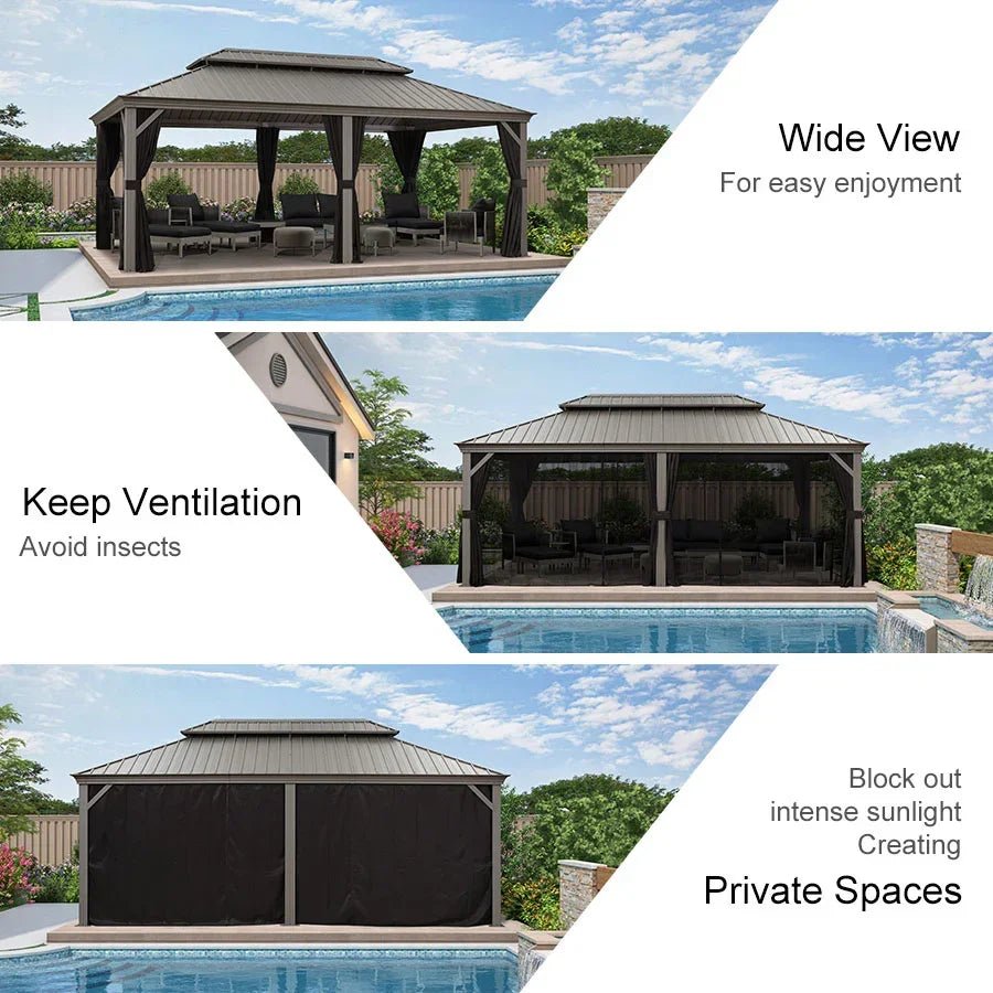 Patio Gazebo for Pool Light Grey Hardtop Galvanized Steel Roof with String Lights-clear - Image 38