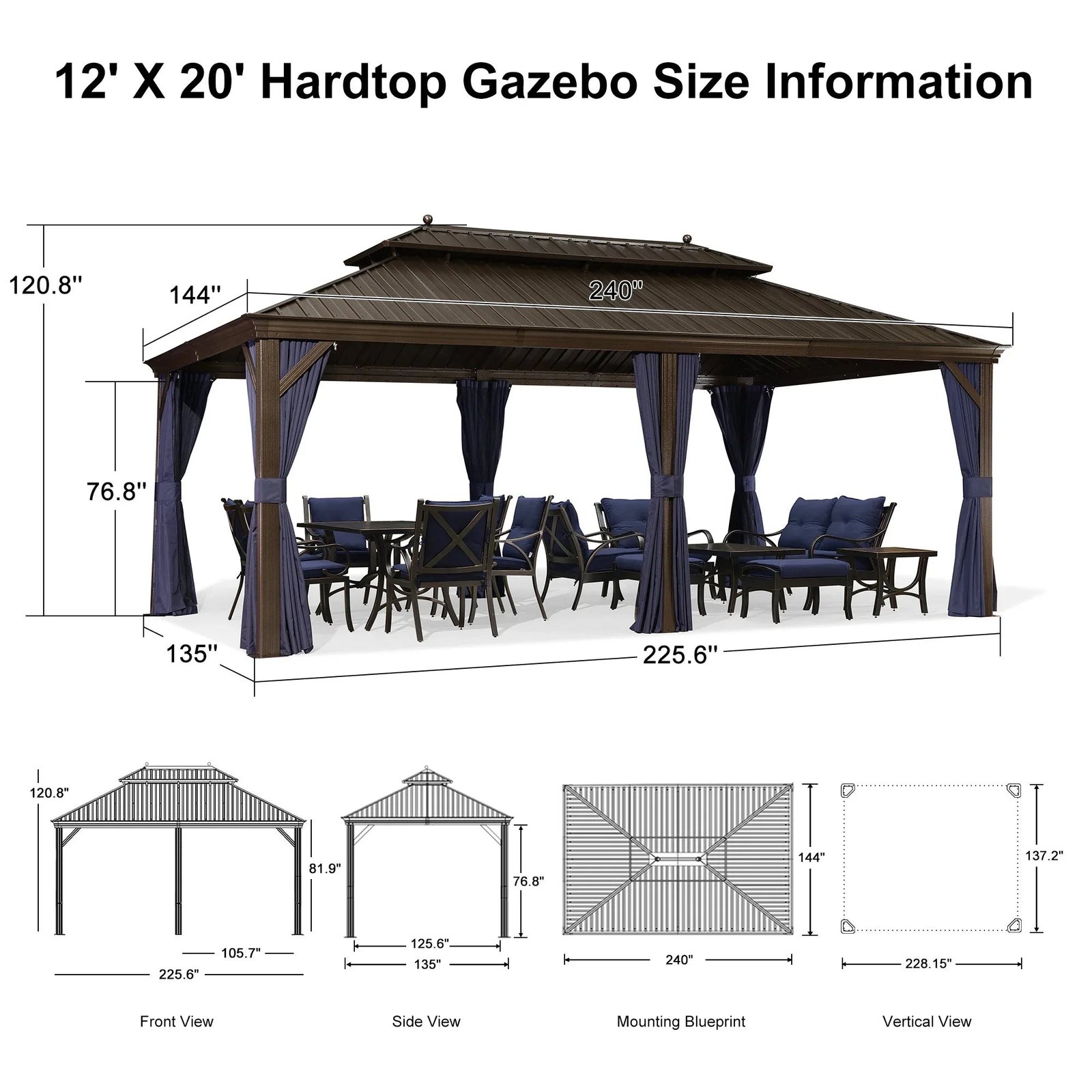 Outdoor Hardtop Gazebo for Patio Bronze Aluminum Frame Pavilion with Navy-Blue Curtain and String Lights-milky - Image 112