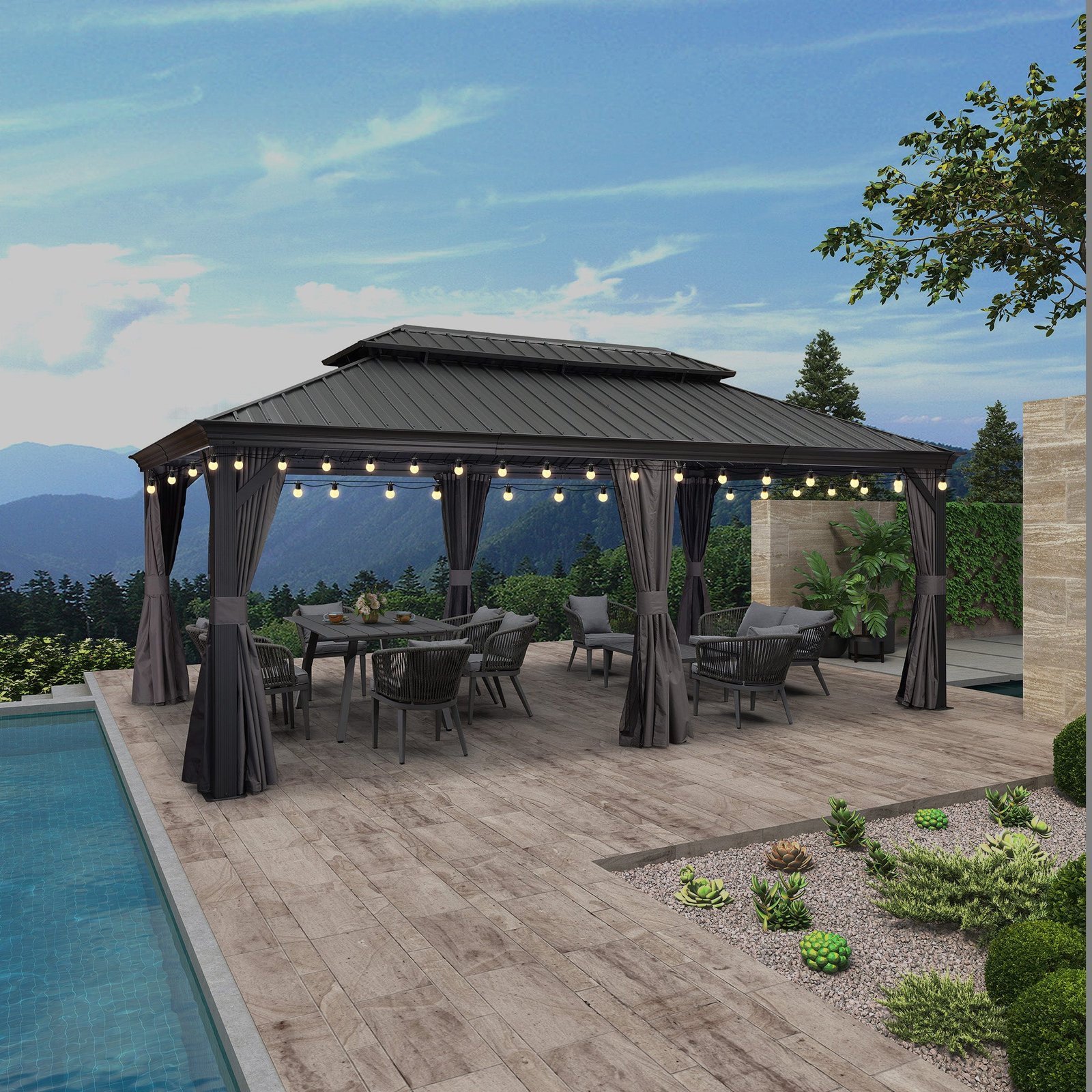 Gazebo for Backyard Grey Hardtop Galvanized Steel Roof Awning String Lights-milky - Image 5