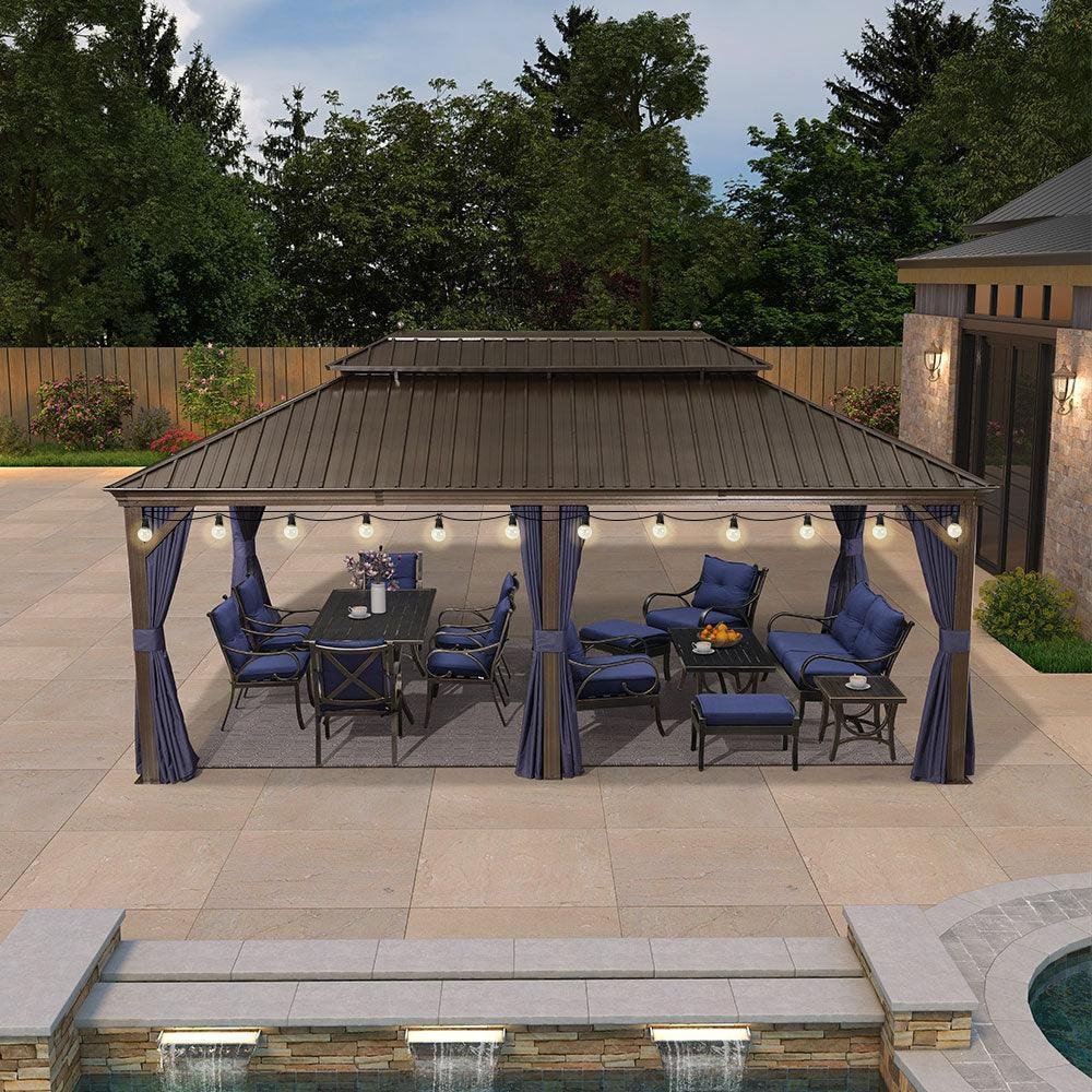 Outdoor Hardtop Gazebo for Patio Bronze Aluminum Frame Pavilion with Navy-Blue Curtain and String Lights-milky - Image 45