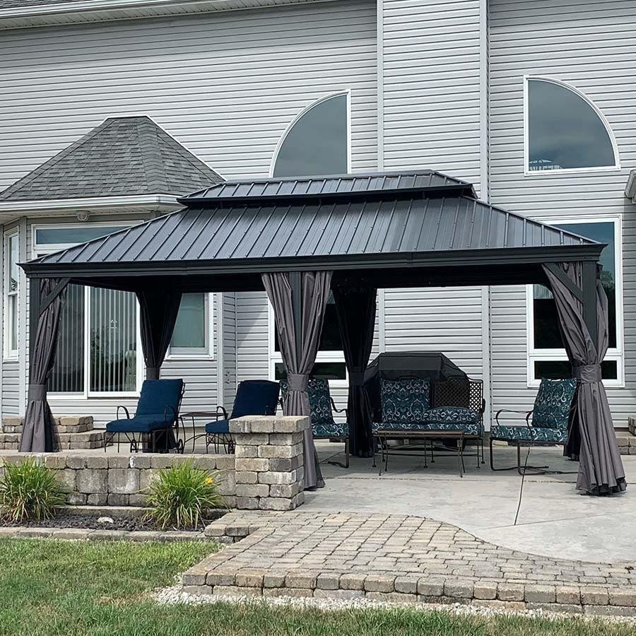 Patio Gazebo for Backyard Grey Hardtop Galvanized Steel Roof Awning with Upgrade Curtain - Image 81