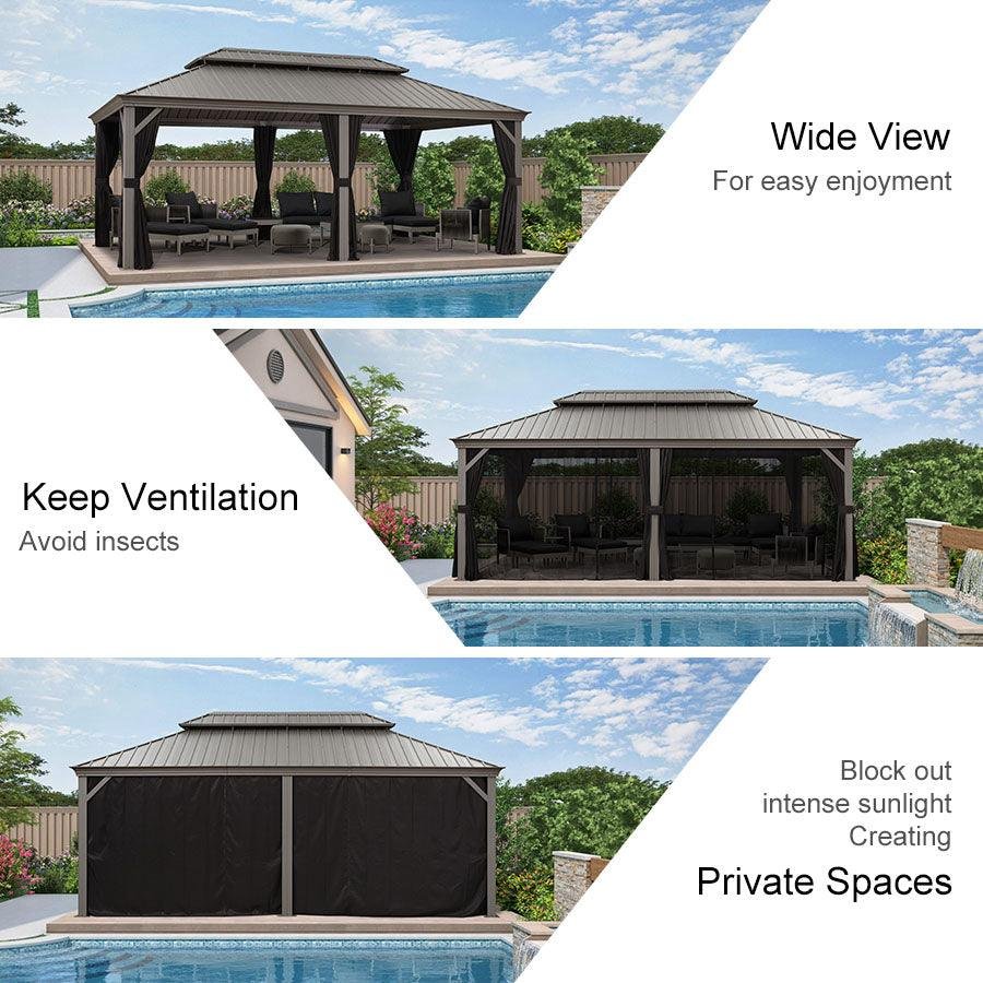Patio Gazebo for Pool Light Grey Hardtop Galvanized Steel Roof with Upgraded Curtains - Image 67