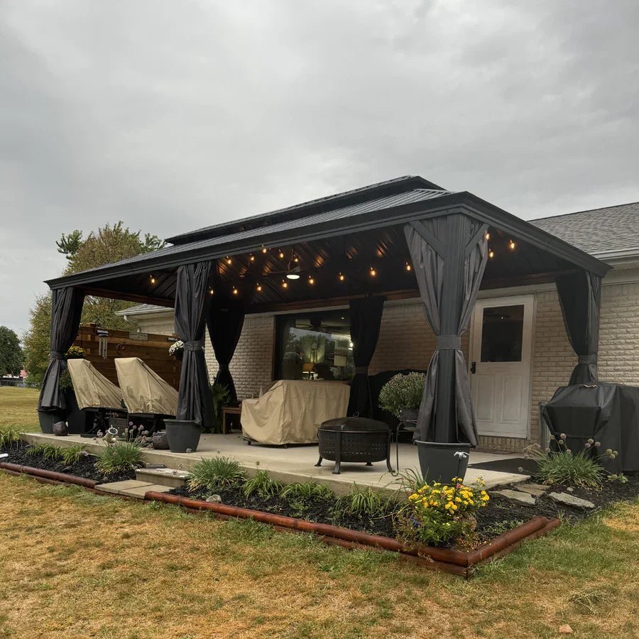 Gazebo for Backyard Grey Hardtop Galvanized Steel Roof Awning String Lights-milky - Image 64