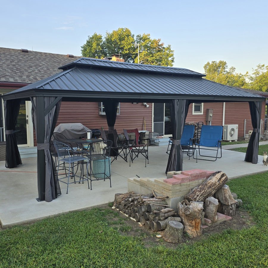 Patio Gazebo for Backyard Grey Hardtop Galvanized Steel Roof Awning with Upgrade Curtain - Image 155