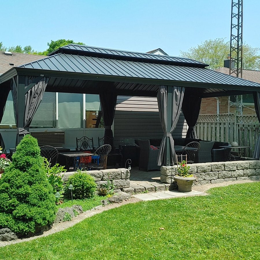 Patio Gazebo for Backyard Grey Hardtop Galvanized Steel Roof Awning with Upgrade Curtain - Image 154