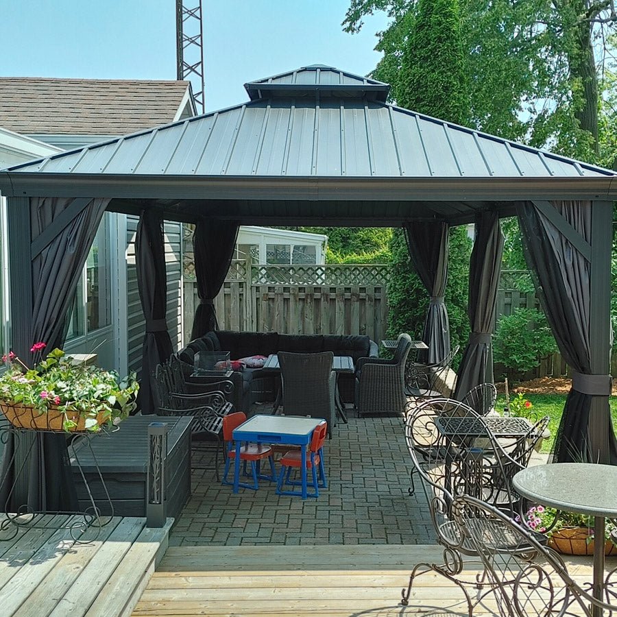 Gazebo for Backyard Grey Hardtop Galvanized Steel Roof Awning with String Lights-clear - Image 126