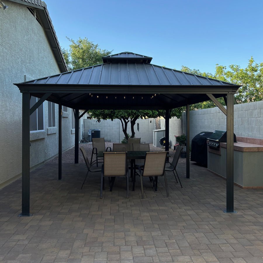 Gazebo for Backyard Grey Hardtop Galvanized Steel Roof Awning String Lights-milky - Image 97