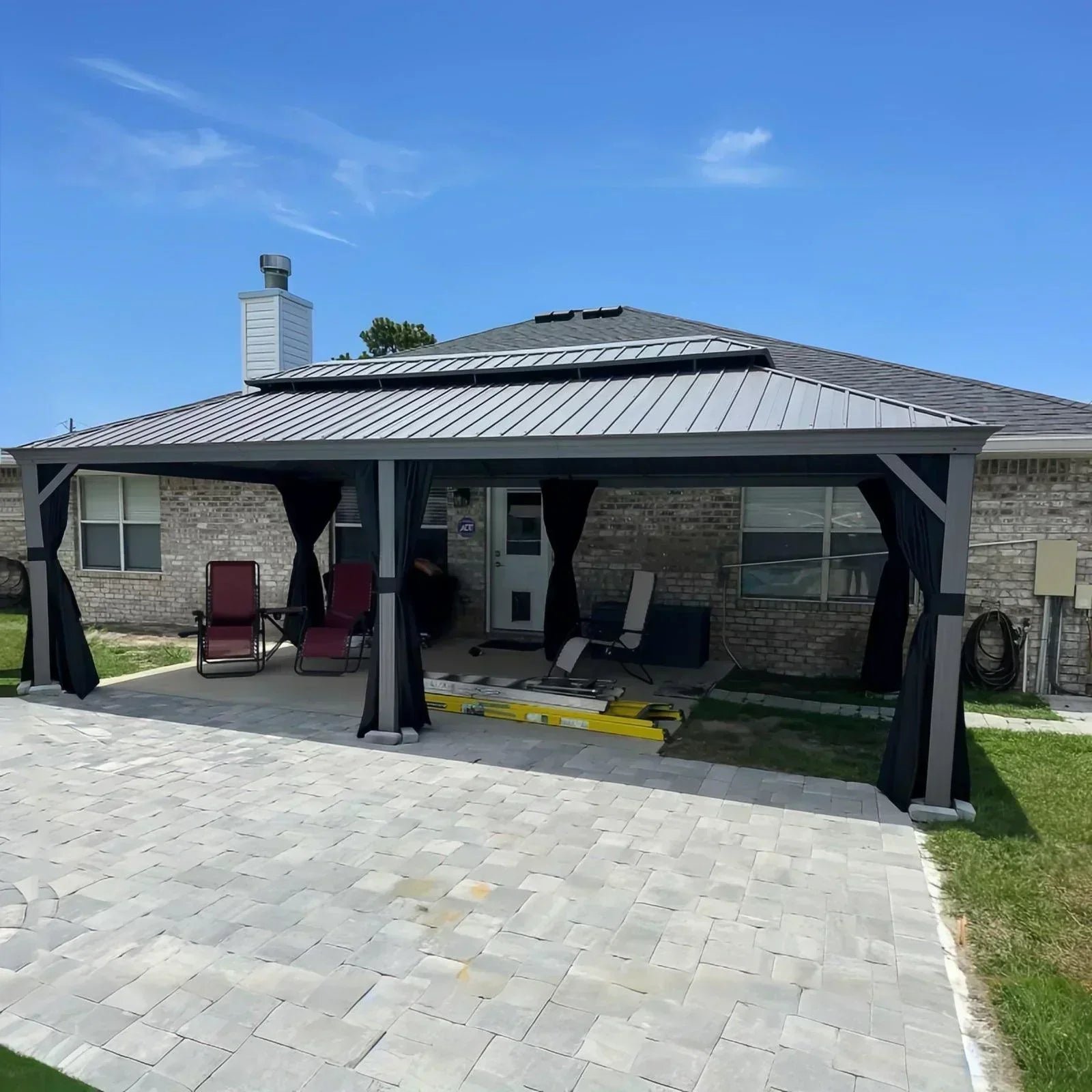 Patio Gazebo for Pool Light Grey Hardtop Galvanized Steel Roof with String Lights-clear - Image 28
