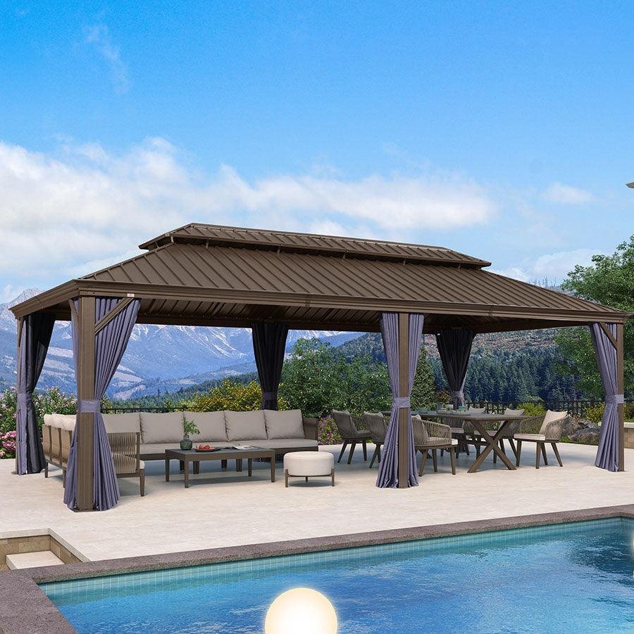 Outdoor Hardtop Gazebo for Patio Bronze Aluminum Frame Pavilion with Navy-Blue Curtain and String Lights-milky - Image 60