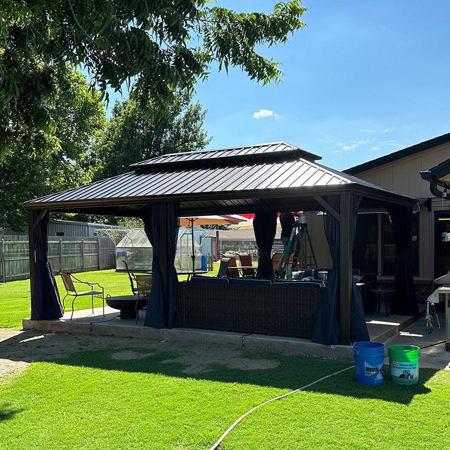 Outdoor Hardtop Gazebo for Patio Bronze Aluminum Frame Pavilion with Navy-Blue Curtain and String Lights-milky - Image 95