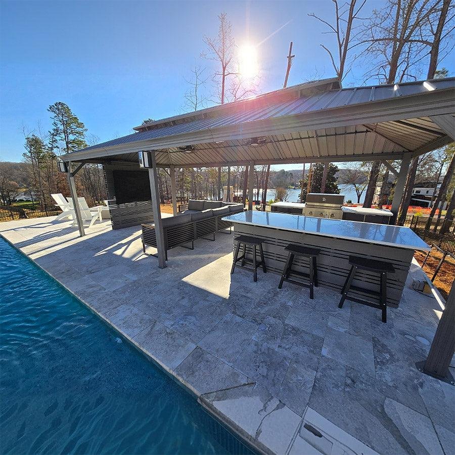 Patio Gazebo for Pool Light Grey Hardtop Galvanized Steel Roof with String Lights-clear - Image 58