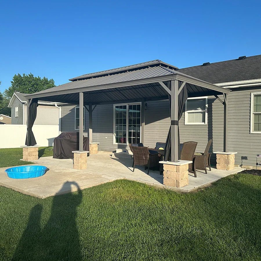 Patio Gazebo for Pool Light Grey Hardtop Galvanized Steel Roof with String Lights-milky - Image 104