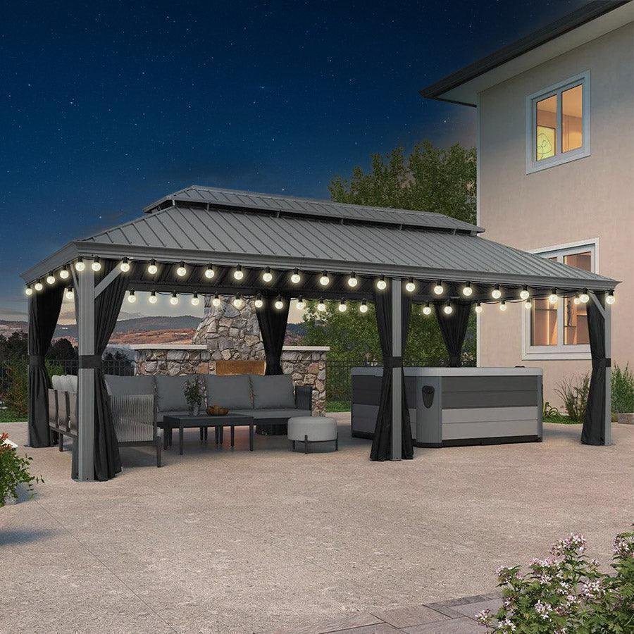 Patio Gazebo for Pool Light Grey Hardtop Galvanized Steel Roof with String Lights-milky - Image 17