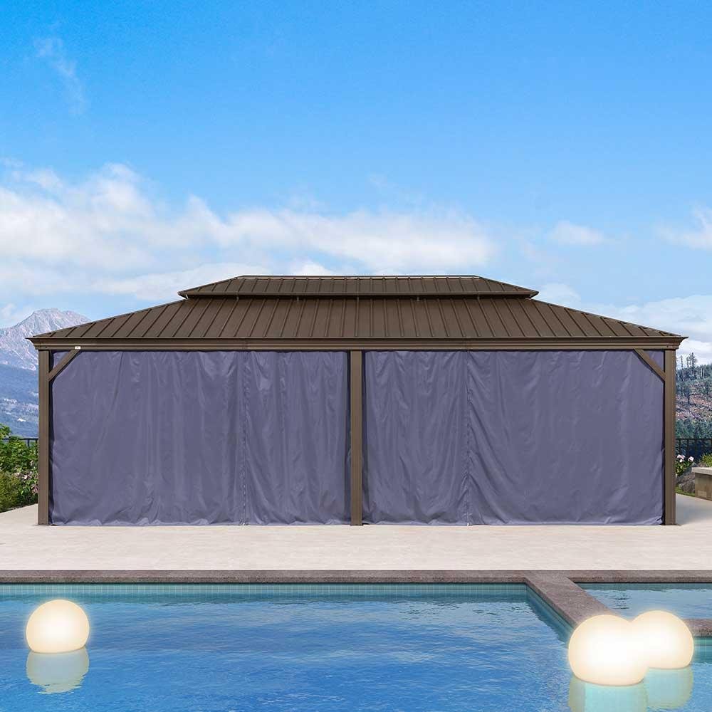 Outdoor Hardtop Gazebo for Patio Bronze Aluminum Frame Pavilion with Navy-Blue Curtain and String Lights-milky - Image 59