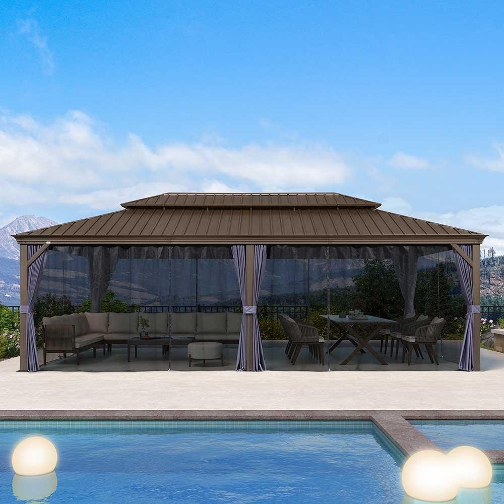 Outdoor Hardtop Gazebo for Patio Bronze Aluminum Frame Pavilion with Navy-Blue Curtain and String Lights-milky - Image 58