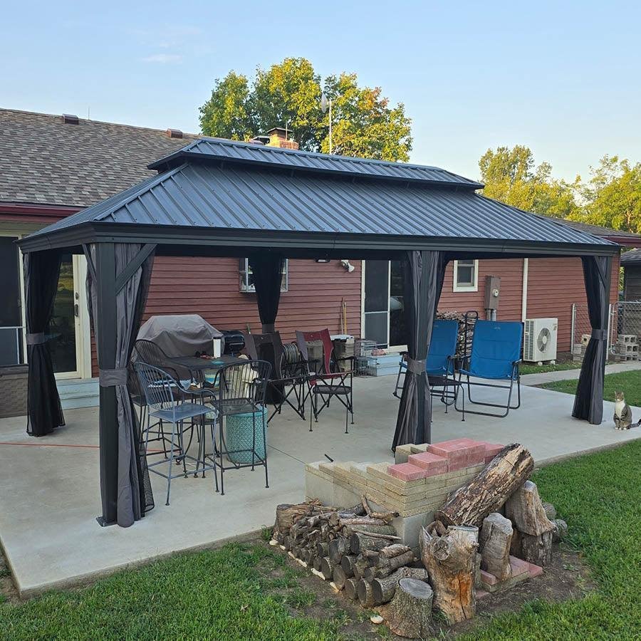 Patio Gazebo for Backyard Grey Hardtop Galvanized Steel Roof Awning with Upgrade Curtain - Image 80