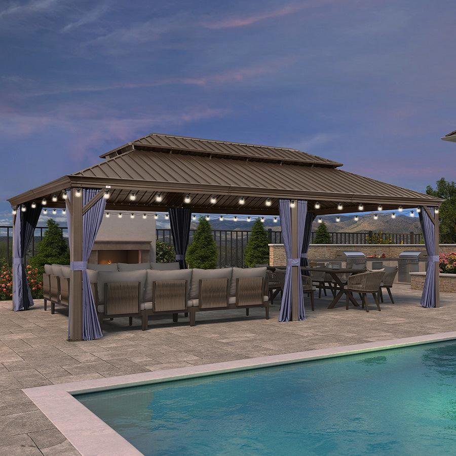 Outdoor Hardtop Gazebo for Patio Bronze Aluminum Frame Pavilion with Navy-Blue Curtain and String Lights-clear - Image 71
