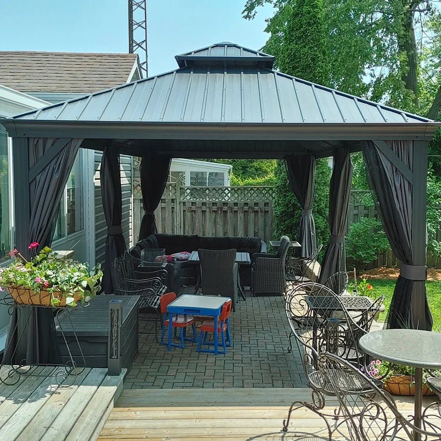 Patio Gazebo for Backyard Grey Hardtop Galvanized Steel Roof Awning with Upgrade Curtain - Image 114