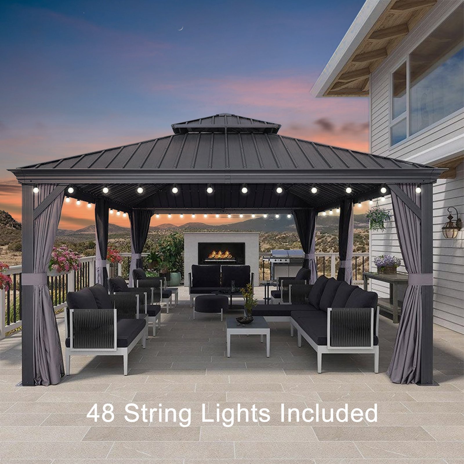 Gazebo for Backyard Grey Hardtop Galvanized Steel Roof Awning String Lights-milky - Image 42