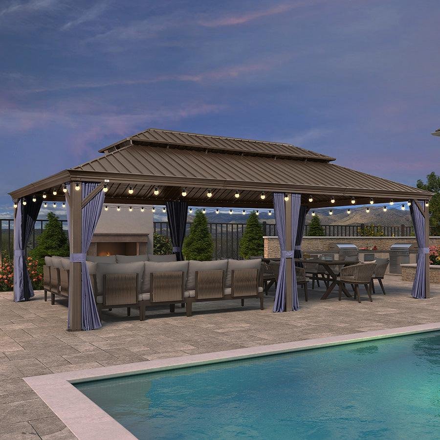Outdoor Hardtop Gazebo for Patio Bronze Aluminum Frame Pavilion with Navy-Blue Curtain and String Lights-milky - Image 64