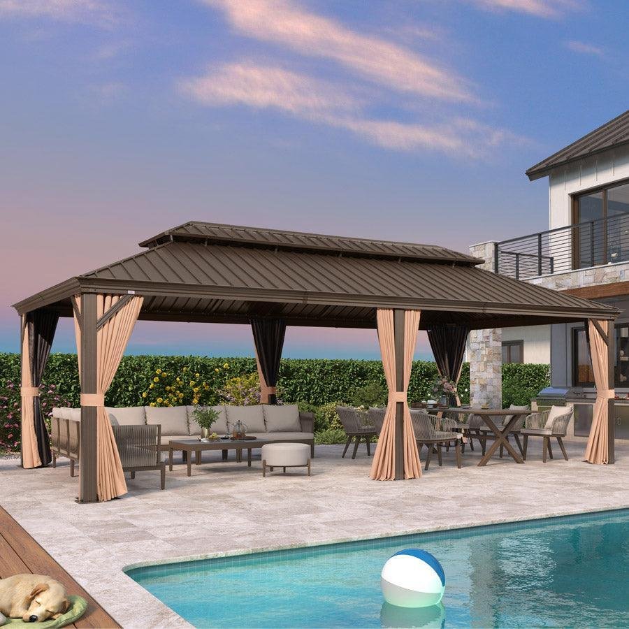 Outdoor Hardtop Gazebo for Garden Bronze Double Roof Aluminum Frame Pavilion - Image 45