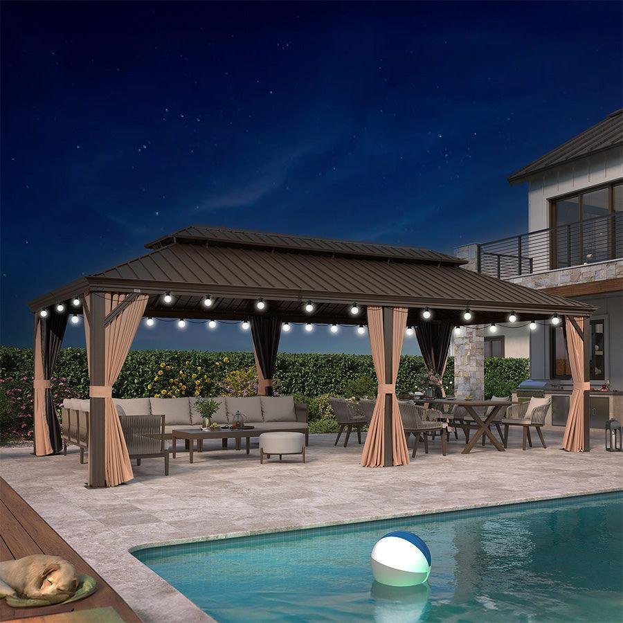 Outdoor Hardtop Gazebo for Garden Bronze Double Roof Aluminum Frame Pavilion with String Lights-milky - Image 69