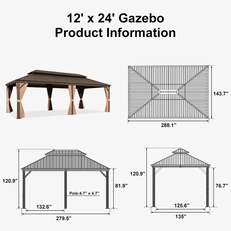 Outdoor Hardtop Gazebo for Garden Bronze Double Roof Aluminum Frame Pavilion - Image 132