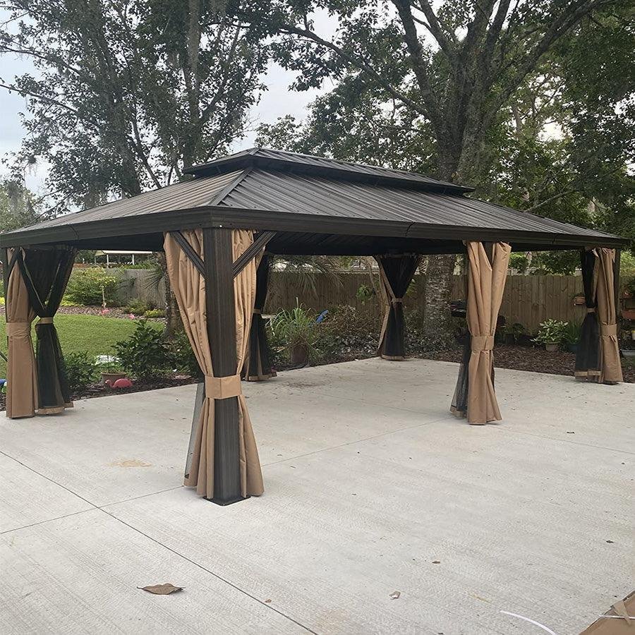 Outdoor Hardtop Gazebo for Garden Bronze Double Roof Aluminum Frame Pavilion with String Lights-milky - Image 97