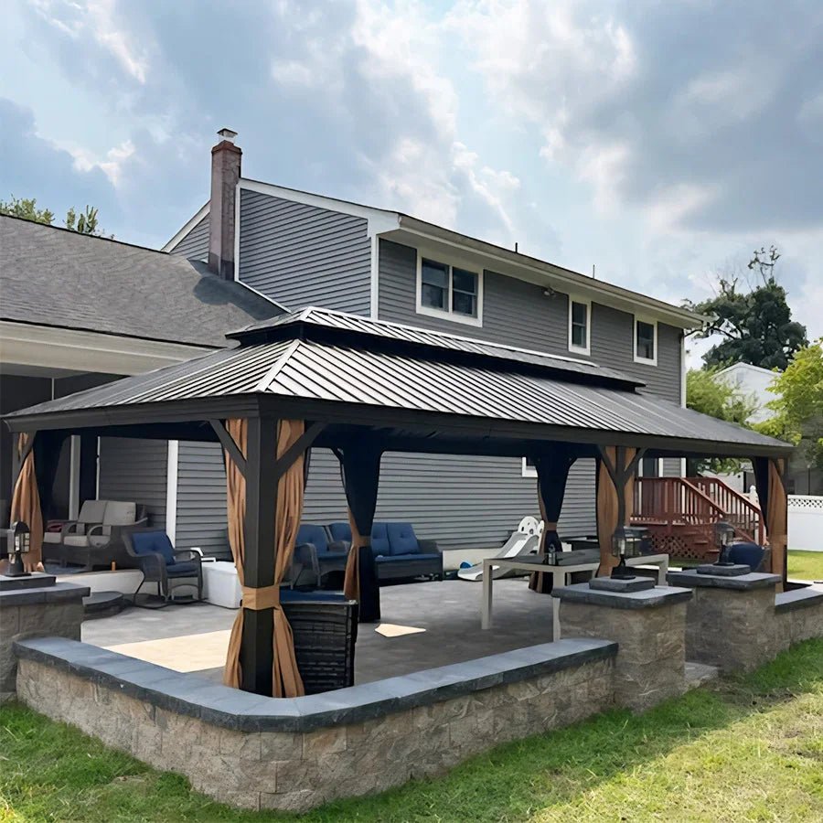 Outdoor Hardtop Gazebo for Garden Bronze Double Roof Aluminum Frame Pavilion with String Lights-milky - Image 114