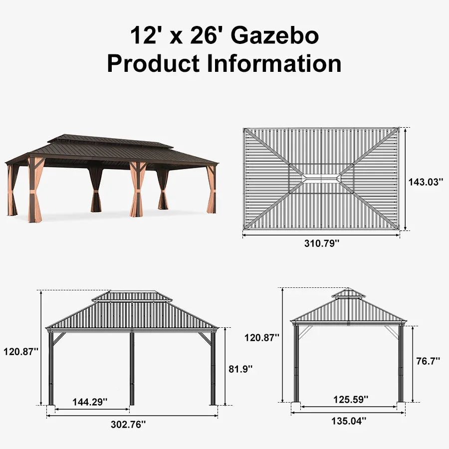 Outdoor Hardtop Gazebo for Garden Bronze Double Roof Aluminum Frame Pavilion with String Lights-milky - Image 129