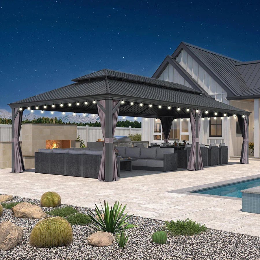Gazebo for Backyard Grey Hardtop Galvanized Steel Roof Awning String Lights-milky - Image 73