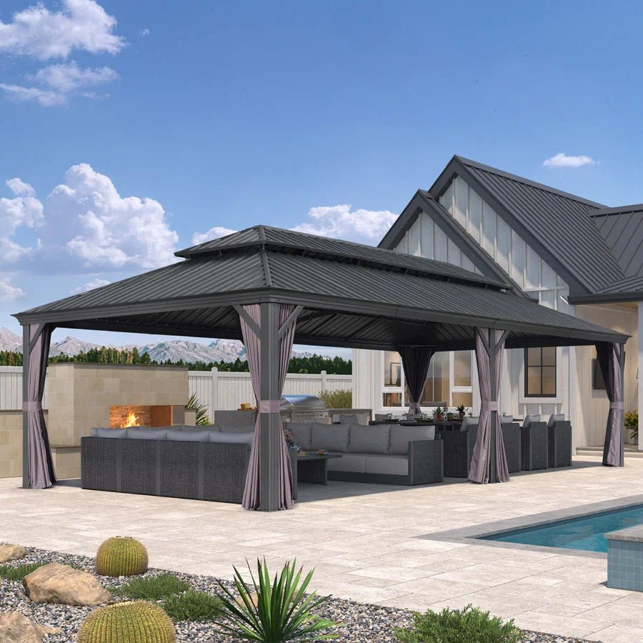 Patio Gazebo for Backyard Grey Hardtop Galvanized Steel Roof Awning with Upgrade Curtain - Image 118