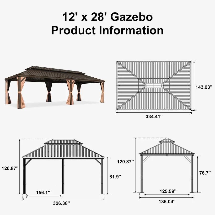 Outdoor Hardtop Gazebo for Garden Bronze Double Roof Aluminum Frame Pavilion - Image 130