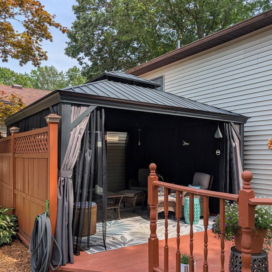 Patio Gazebo for Backyard Grey Hardtop Galvanized Steel Roof Awning with Upgrade Curtain - Image 161