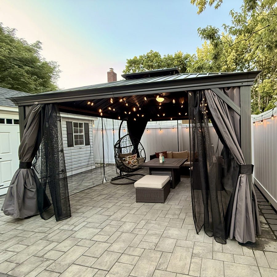 Gazebo for Backyard Grey Hardtop Galvanized Steel Roof Awning String Lights-milky - Image 99