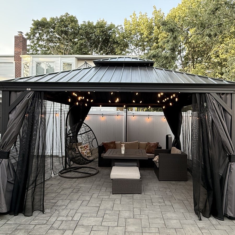 Patio Gazebo for Backyard Grey Hardtop Galvanized Steel Roof Awning with Upgrade Curtain - Image 160