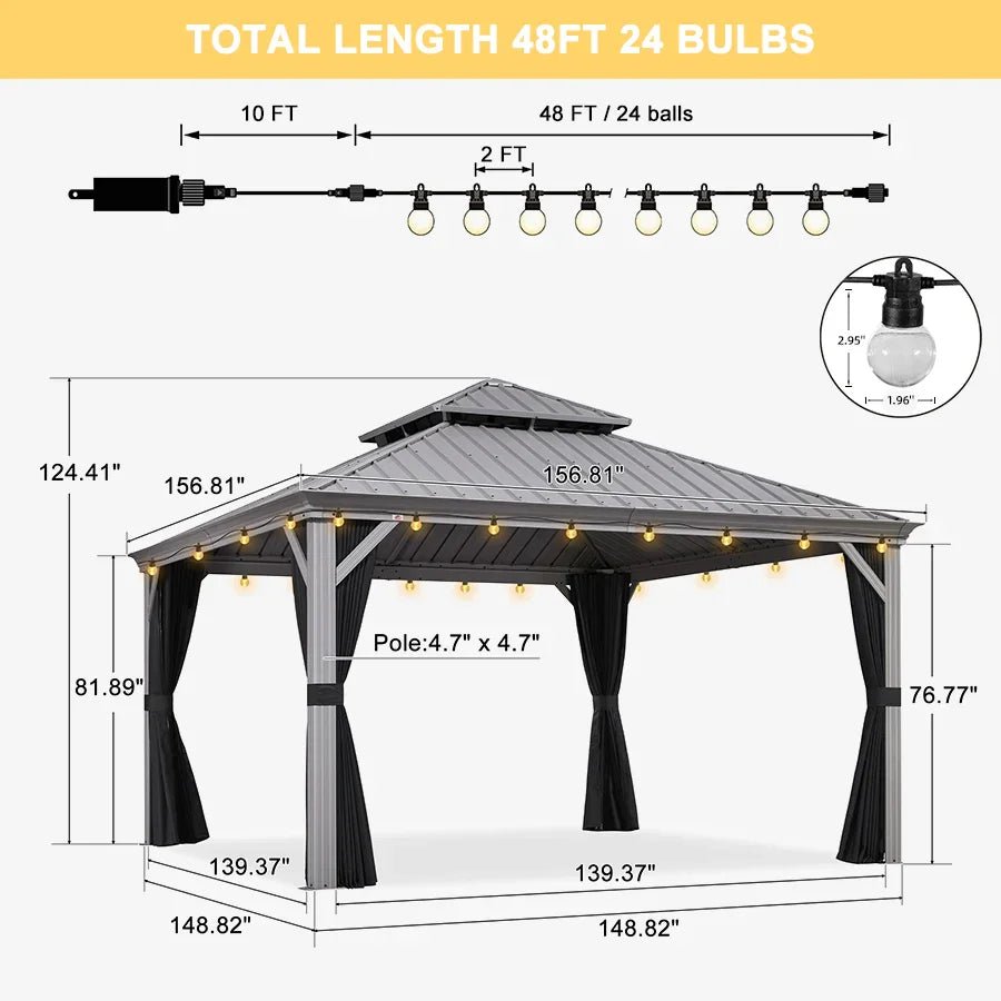 Patio Gazebo for Pool Light Grey Hardtop Galvanized Steel Roof with String Lights-clear - Image 103