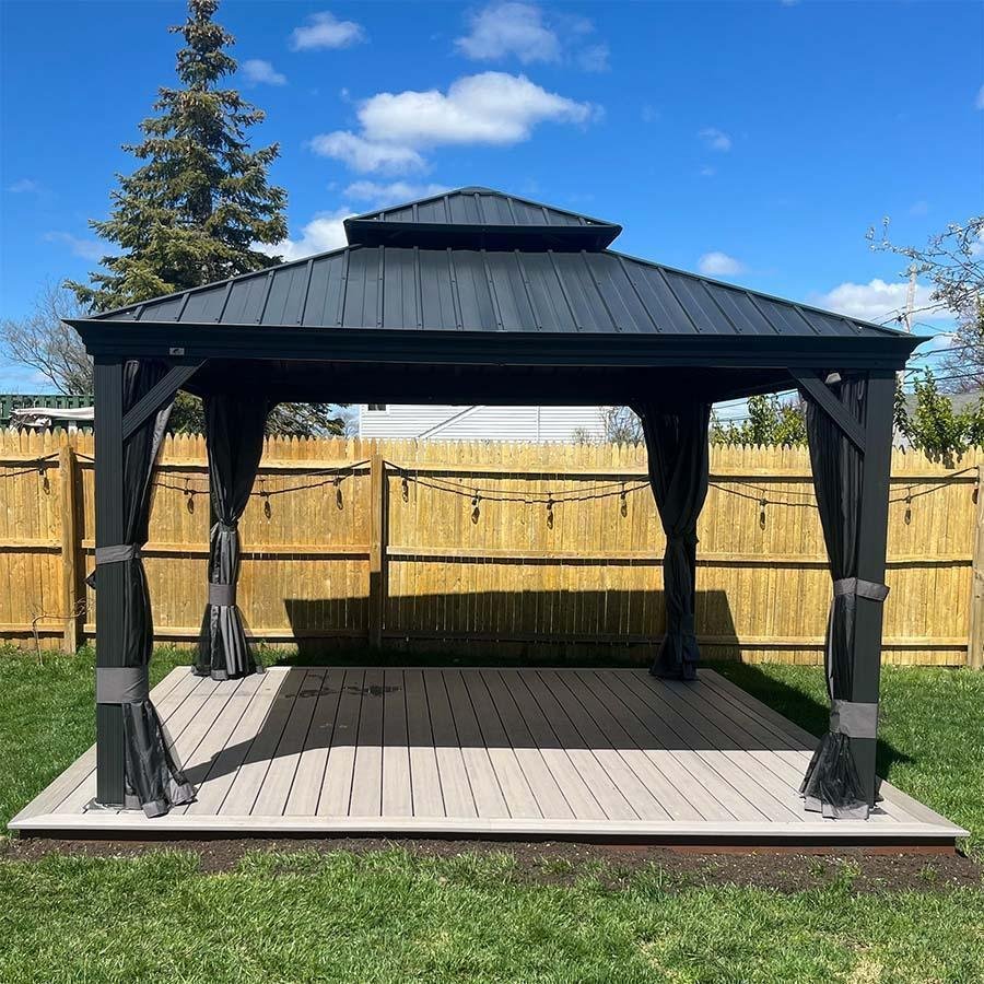 Patio Gazebo for Backyard Grey Hardtop Galvanized Steel Roof Awning with Upgrade Curtain - Image 79