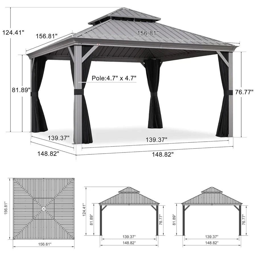 Patio Gazebo for Pool Light Grey Hardtop Galvanized Steel Roof with Upgraded Curtains - Image 108