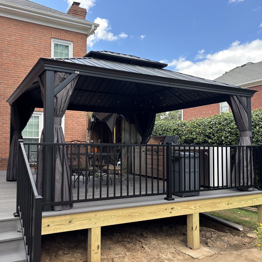 Gazebo for Backyard Grey Hardtop Galvanized Steel Roof Awning String Lights-milky - Image 102